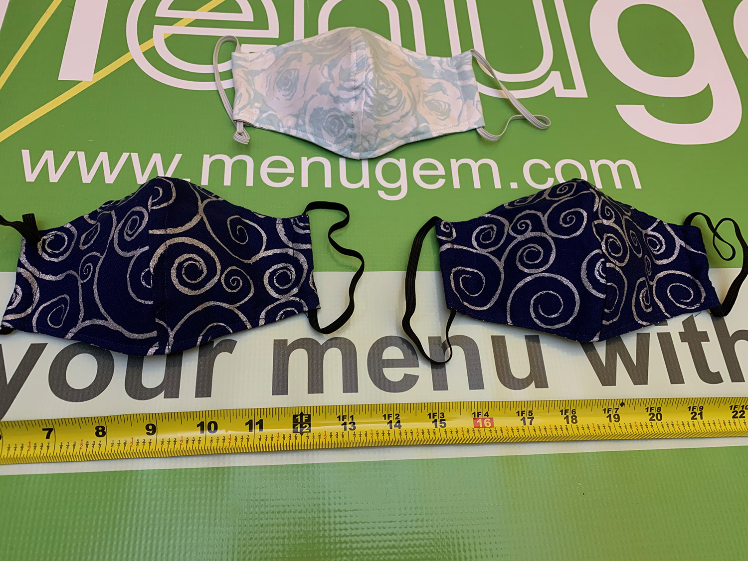 MenuGem Standard Mask 3 Pack - 2 Blue Silver Swirls 1 Floral