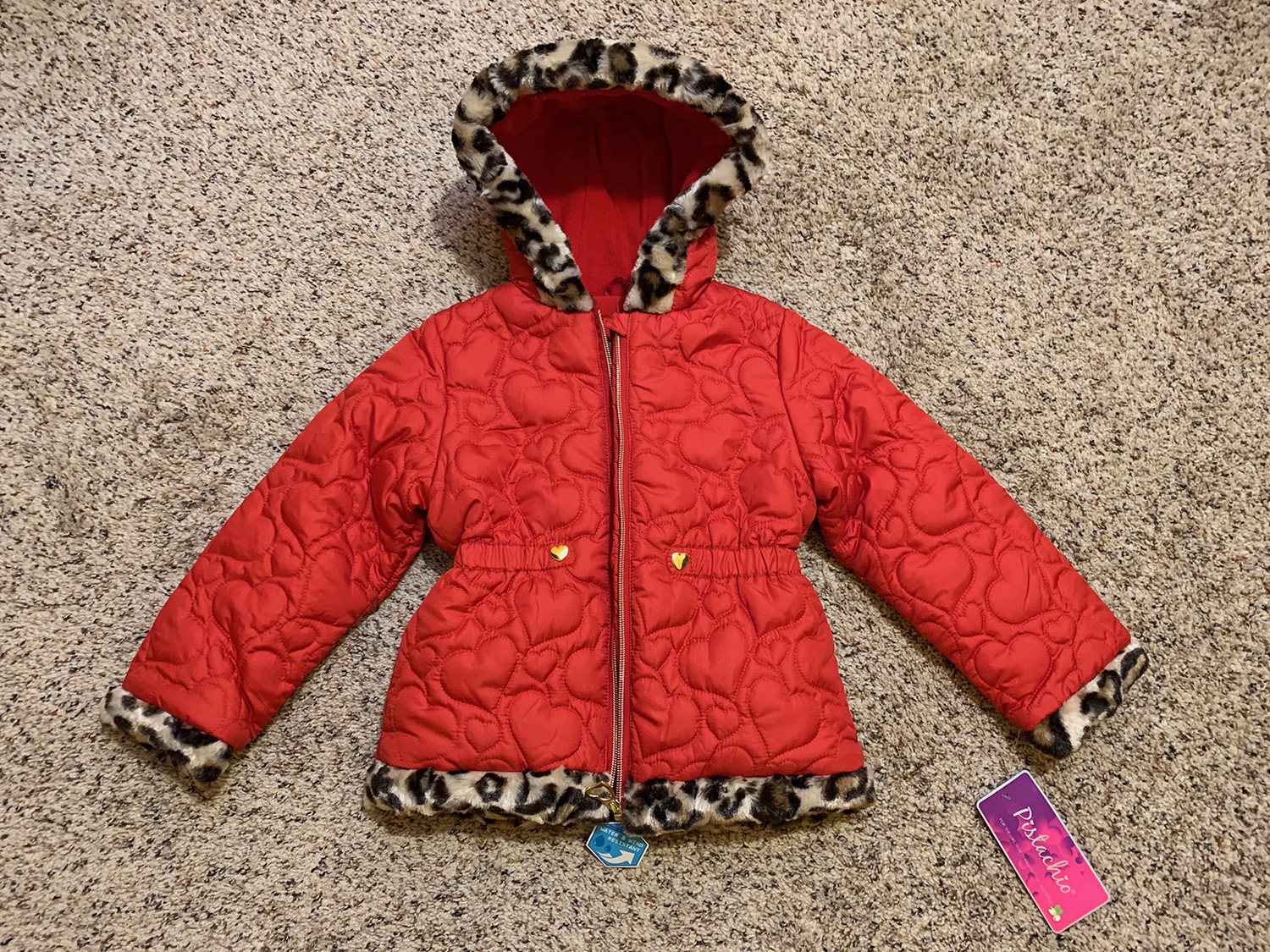Pistachio Girls Ruby Red Coat Faux Fir Leopard Trim Size 5/6